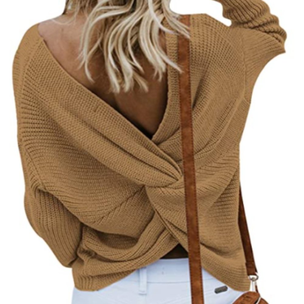 Casual Long Sleeve Sweater with Criss Cross Back